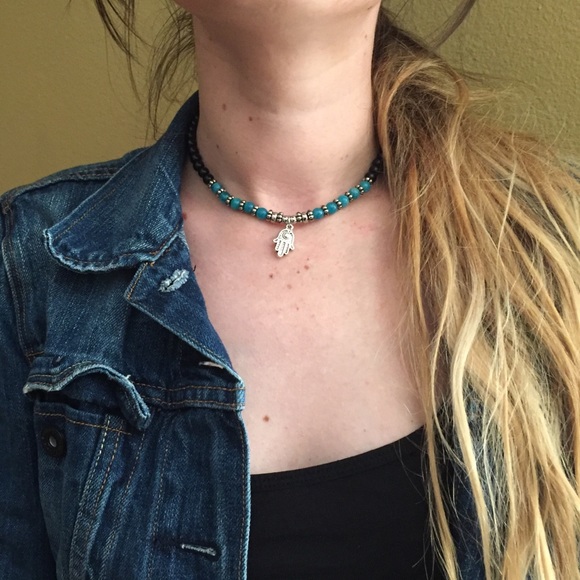 Boho turquoise black Hamsa bracelet and choker - Picture 2 of 3