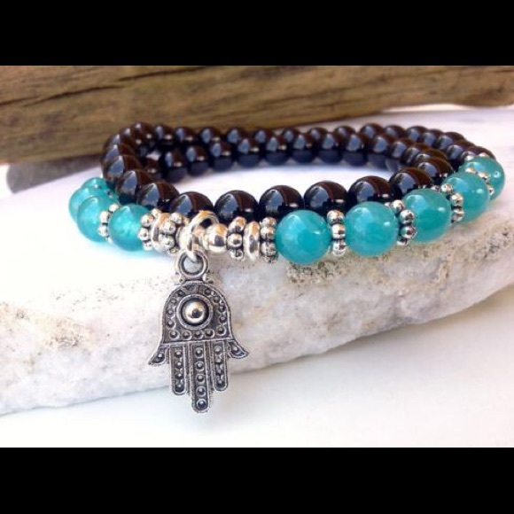 Boho turquoise black Hamsa bracelet and choker - Picture 3 of 3