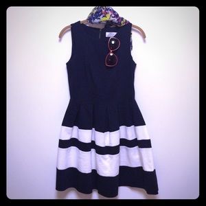 Navy and white pleated cocktail dress