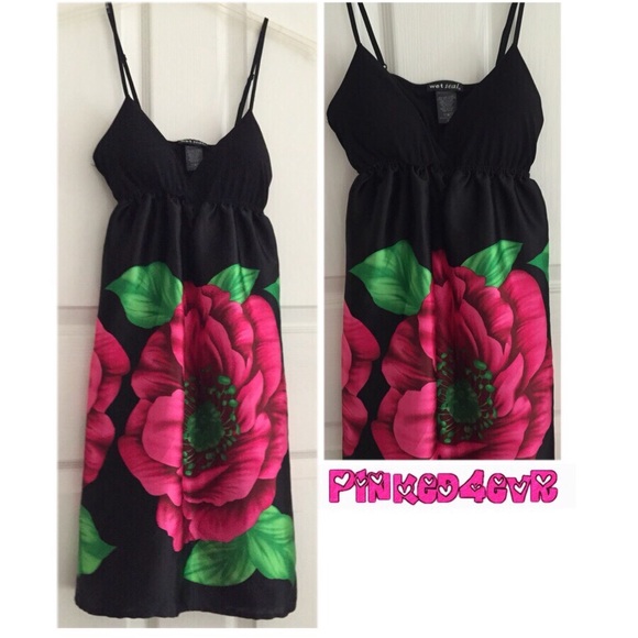 Wet Seal Silky Black Dress W/Pink Flower XS/S