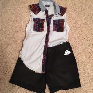 Black high waisted shorts & adorable denim shirt:)