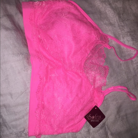 Electric pink lace detail sports bra