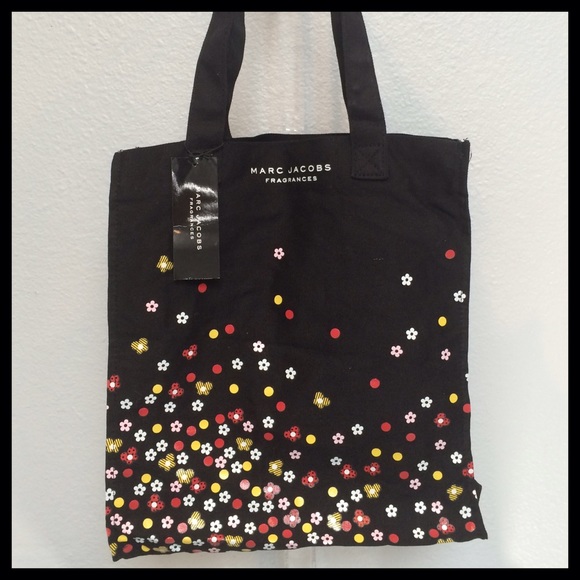 MARC JACOBS Black Canvas Tote Bag w/Cute Flowers - Picture 2 of 4