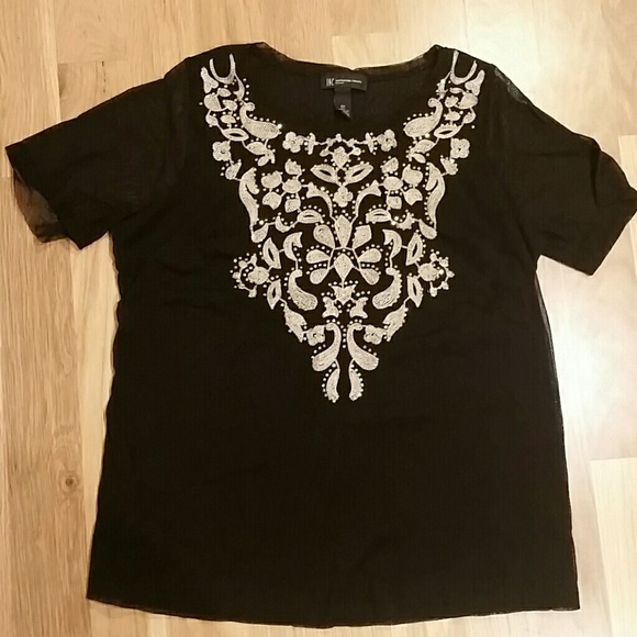 INC Black Mesh Embroidered Top