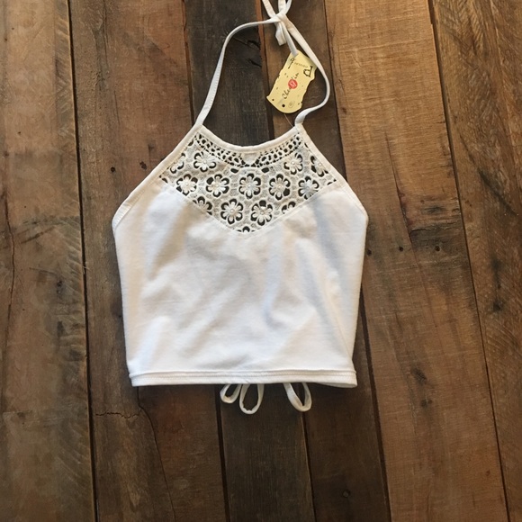 Tops - White Floral Lace Halter Crop Top
