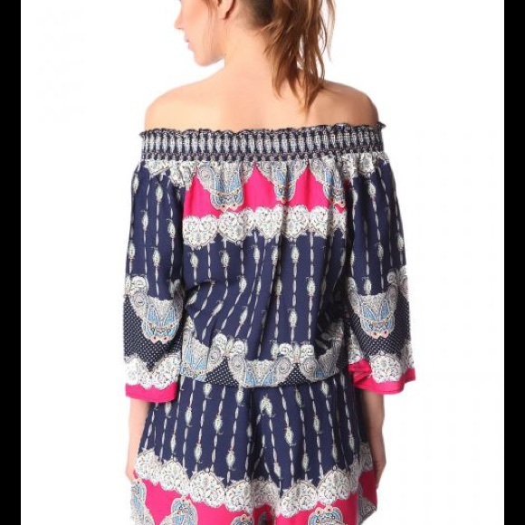 NAVY BLUE OFF THE SHOULDER ROMPER IN PAISLEY PRINT - Picture 2 of 4