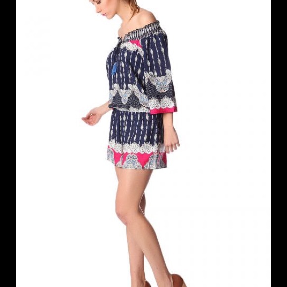 NAVY BLUE OFF THE SHOULDER ROMPER IN PAISLEY PRINT - Picture 3 of 4