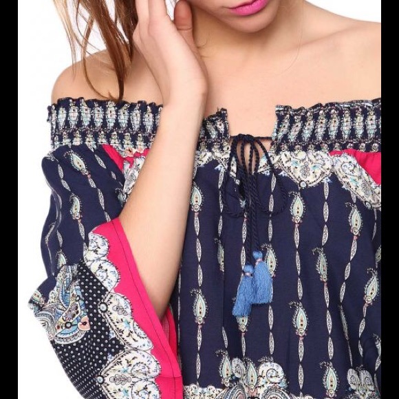 NAVY BLUE OFF THE SHOULDER ROMPER IN PAISLEY PRINT - Picture 4 of 4