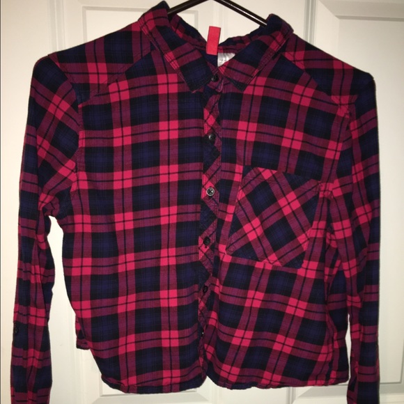 Red and Blue Plaid Cropped Button-down Flannel