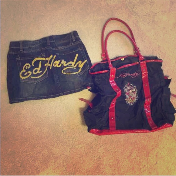 Ed hardy denim skirt & shoulder bag