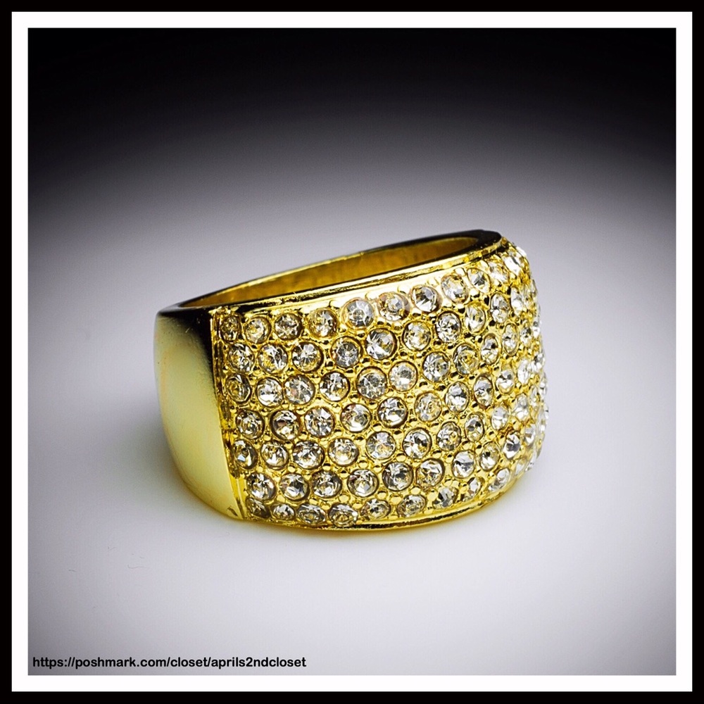 PAVE CRYSTAL 14K GOLD STATEMENT COCKTAIL RING - Picture 2 of 8