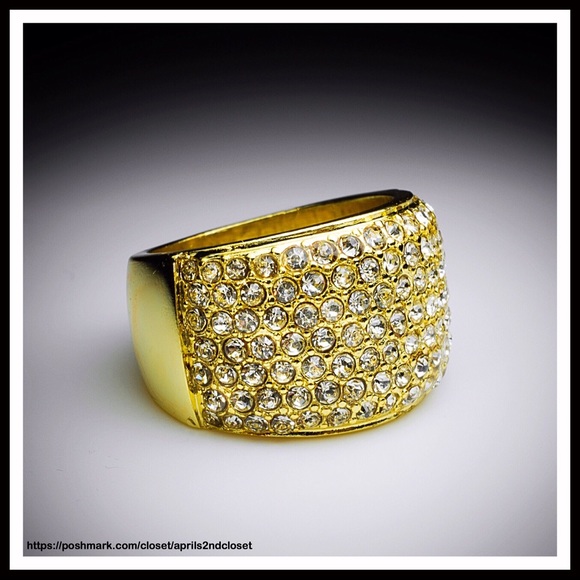 PAVE CRYSTAL 14K GOLD STATEMENT COCKTAIL RING - Picture 2 of 8