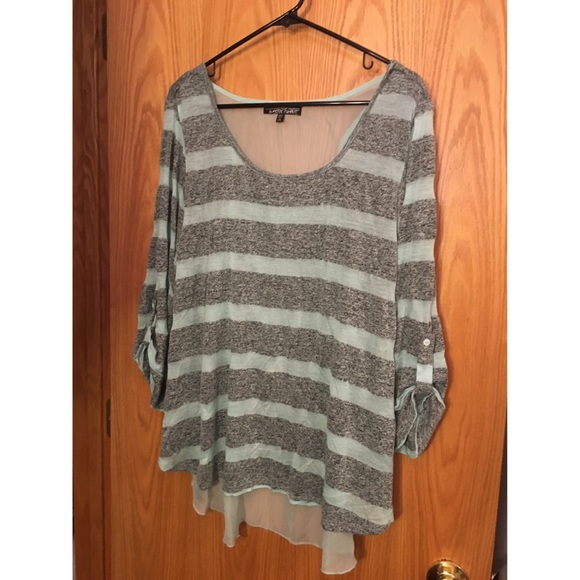 Grey/Mint Striped 3/4 Sleeved Top