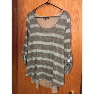Grey/Mint Striped 3/4 Sleeved Top