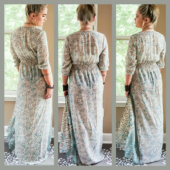🌹💖HP💖🌹 Stunning Tan&Teal Chiffon Boho Maxi - Picture 3 of 4