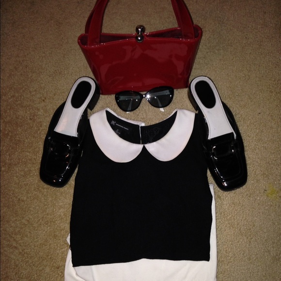 INC Black Lace Sleeveless top with White Collar