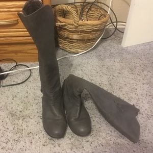 Knee high gray boots with zipper backs