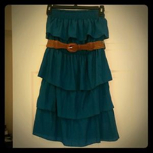 Teal ruffle dress with brown belt