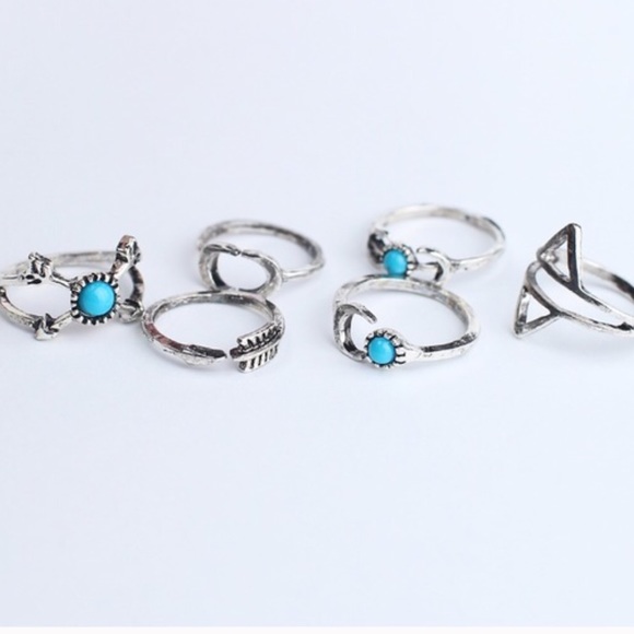 Set of 6 boho chic silver turquoise midi ring set - Picture 3 of 4