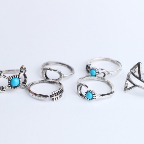 Set of 6 boho chic silver turquoise midi ring set - Picture 4 of 4