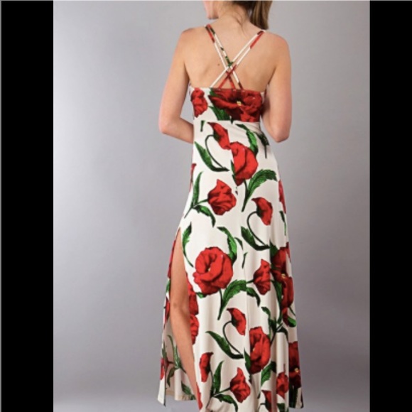NWT || Red Poppy Print Maxi Thigh Slit Dress - Picture 2 of 4