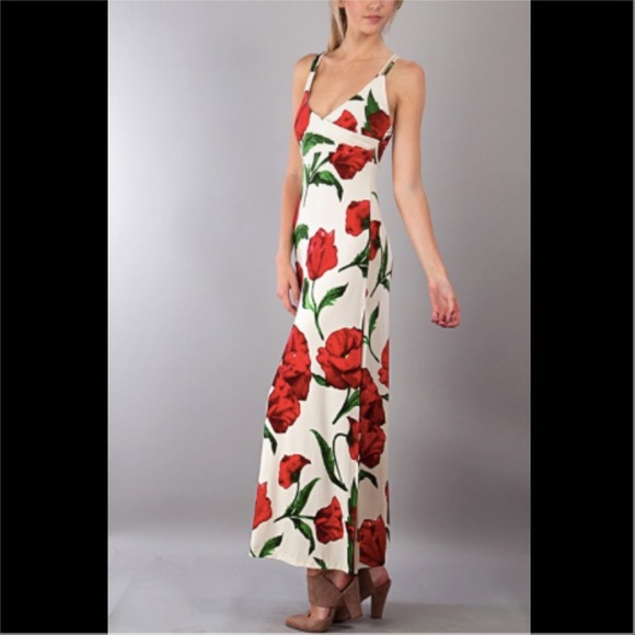NWT || Red Poppy Print Maxi Thigh Slit Dress - Picture 4 of 4