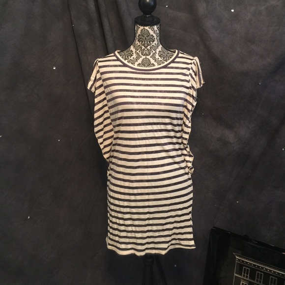 Flutter Sleeve Tunic M Ivory/Blk Sheer Stripes