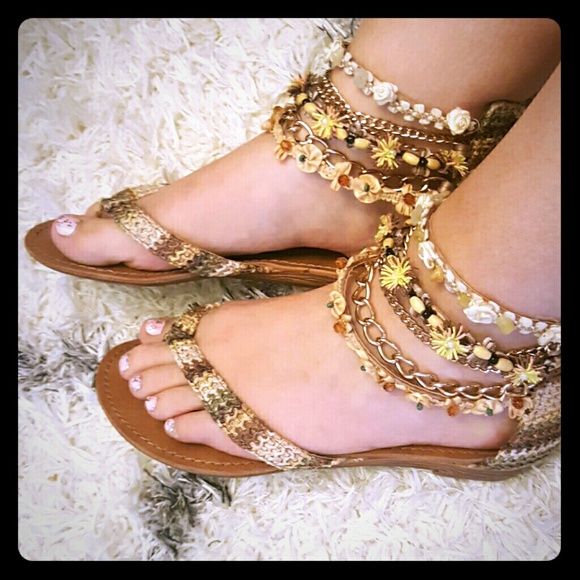 Bohemian Gladiator ankle wrap chain beaded sandals
