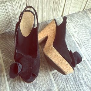 Black Suede Flower Block Heels