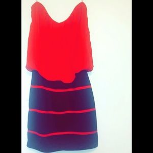 Red and black strapless dress
