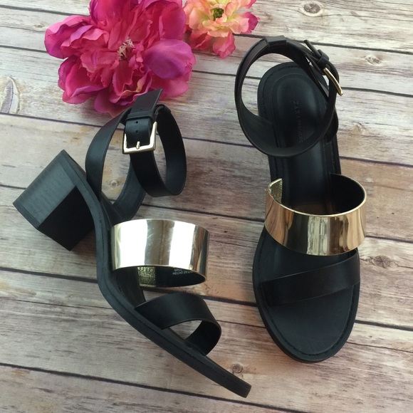 Zara Black Gold Chunky Heel Strappy Sandals