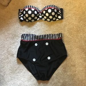 High wasted black/white/red two-piece swimsuit!