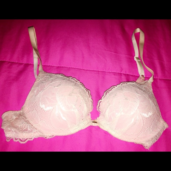Pink and white lace VS plunge push-up bra