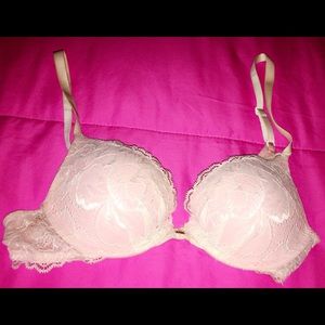 Pink and white lace VS plunge push-up bra