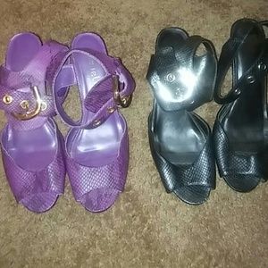2 prs of sandal heels-black and purple