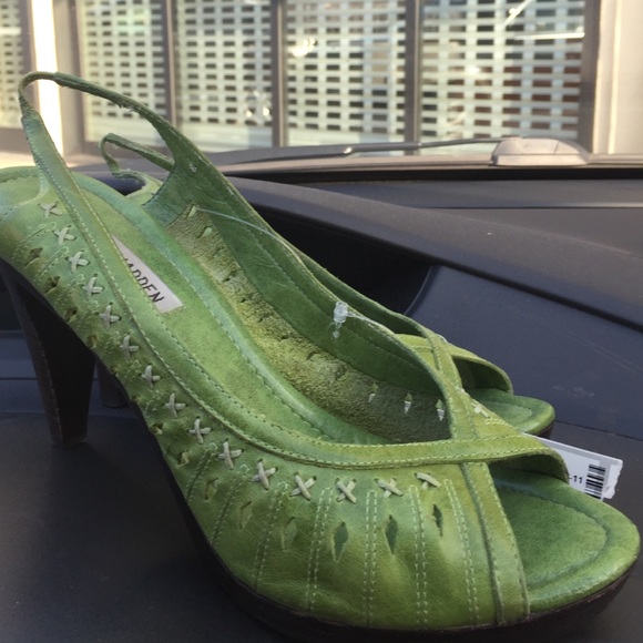 Green leather sling back shoes