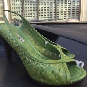 Green leather sling back shoes