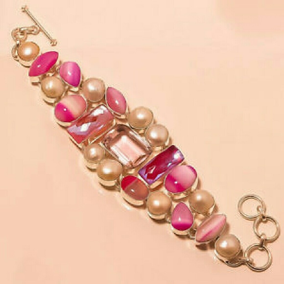 Pretty Titanium Pearl/Quartz/Agate Adjust.Bracelet