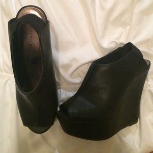 Black leather wedges