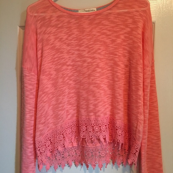 Coral/salmon sweater with crochet trim women's M