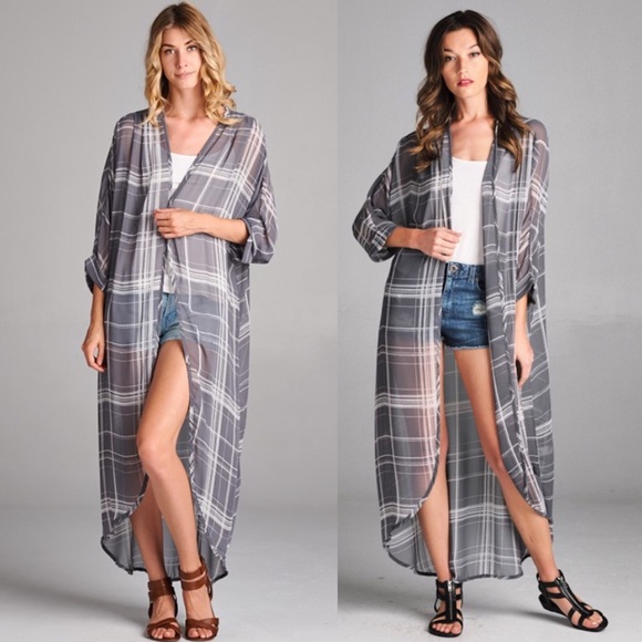 (FIRM) Plaid Chiffon Cardigan - Gray - Picture 2 of 2