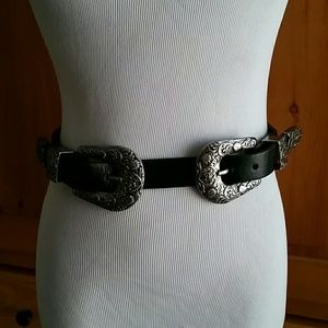Double buckle vegan leather belt