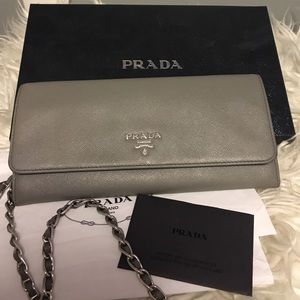 Authentic Prada Saffiano Chain Wallet - Gray