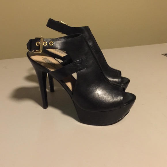 Guess black leather platform heels