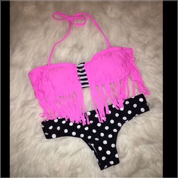 Hot Pink & Polka Dot Fringe Bikini - Picture 2 of 2