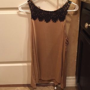 Express Tan tank top with Black Lace neck Design