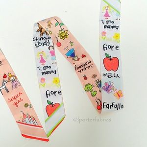 Hand neck bag thin scarf peach&white -kids drawing super mommy