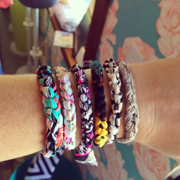 Hand crochet bracelets out of swim material.