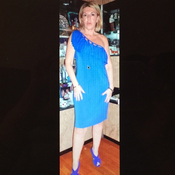 Luca Luca blue jersey one shoulder cocktail dress