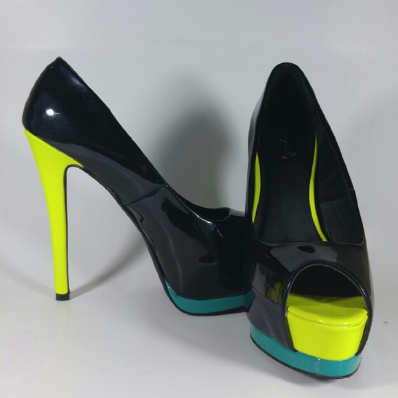 Neon Yellow and Blue Platform Heels - Picture 1 of 4